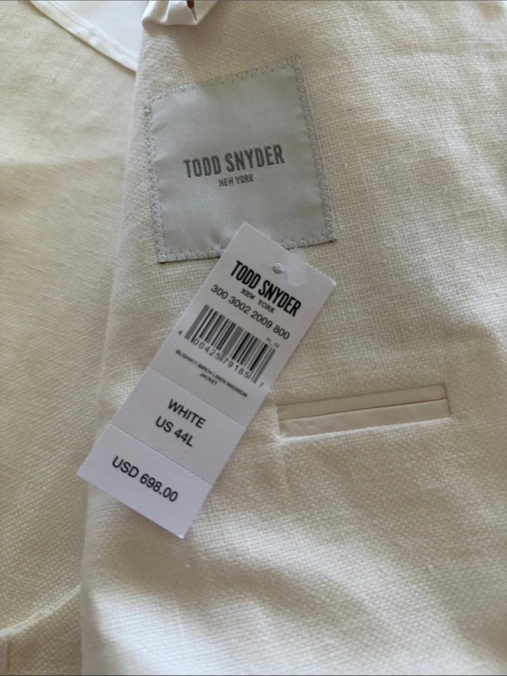 Todd Snyder White Birch Linen Madison Jacket Sz 44L.  New